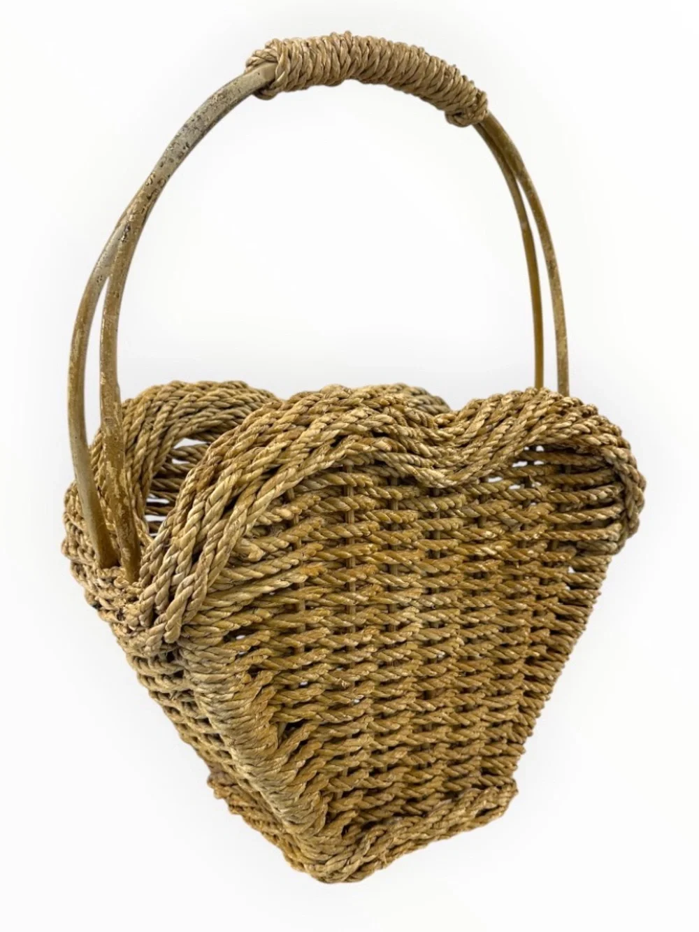 Vintage Large Heart Shaped Woven Wicker Basket 22” Rustic Double Handle